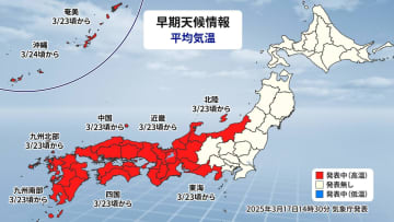 【大雪→気温急上昇】23日頃からこの時期としては「10年に一度」の高温の可能性　北陸・東海・近畿・中国・四国・九州・沖縄地方　農作物の管理・なだれ等に注意【高温に関する早期天候情報・気象庁発表】