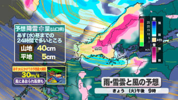 暴風雪警報発表…山地は予想降雪量40センチ　沿岸で最大瞬間30m/sの激しい突風も　暴風雪と大雪及び落雷に関する山口県気象情報