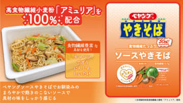 高食物繊維小麦粉「アミュリア」100％の麺、キャベツ・ごぼう・にんじん・しいたけで腸によさそう!? 「ペヤング 食物繊維たっぷりソースやきそば」が本日17日(月)発売