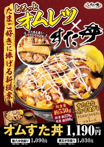 すた丼にとろっと濃厚なオムレツのせて、飯370g、肉100g、総重量530g! “大盛り肉丼界のパイオニア”伝説のすた丼屋が「オムすた丼」を発売～「腹八分目盛り」や、「腹五分目盛り」も