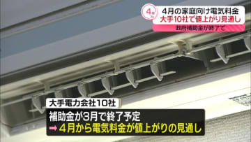 家庭向け電気料金　大手電力10社全てで値上がり見通し　4月使用分から