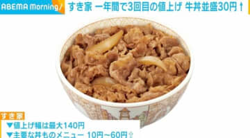 すき家、一年間で3回目の値上げ 牛丼並盛は30円アップ