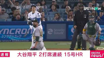 ドジャース・大谷選手、2打席連続の15号ホームラン