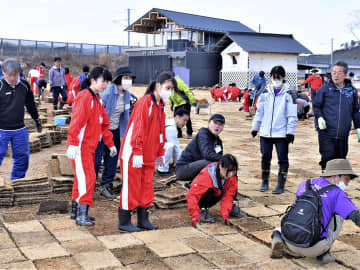 整備中のワインガーデンで芝生張り　富岡、県内外からボランティア