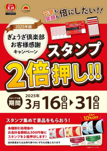 餃子の王将「スタンプ2倍押し！！」31日まで実施！貯めると最大10％割引の会員カードや割引券がもらえる。