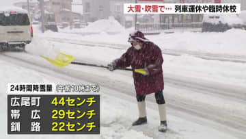 北海道は冬に逆戻り　広尾町で24時間降雪量44センチ　JRは124本が運休、北見市では36校が休校