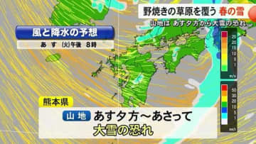 上空に強い寒気 雪が降り積もったところも　阿蘇の草原も「春の雪」【熊本】