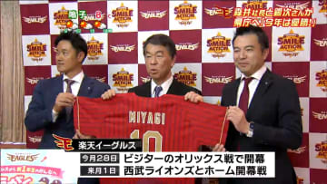 「今年は絶対優勝」楽天野球団・森井社長とアンバサダー銀次さん　県庁で優勝誓う