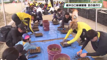 サッカーJ３栃木ＳＣ　選手とファンがグラウンド用芝の苗作り