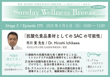 《医師・歯科医師・薬剤師向け》無料オンラインセミナー4/6(日)朝10時開催　『抗酸化食品素材としてのSACの可能性』講師：市川 寛 先生(同志社大学大学院 生命医科学研究科 / 教授)