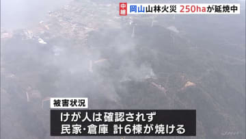 発生から約20時間経過も、白煙が…岡山市南区の山林火災　民家と倉庫計6棟が焼ける